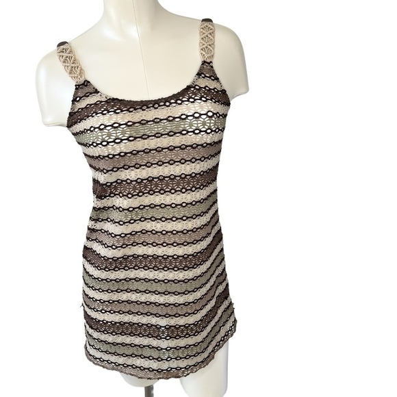 BOHO CROCHET Swimsuit Cover-up with macrame straps in brown sage cream size S - Picture 1 of 13